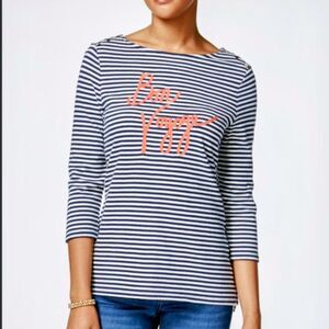 Charter Club Navy & Cream Striped Cotton 3/4 Length Shirt Coral Bon Voyage